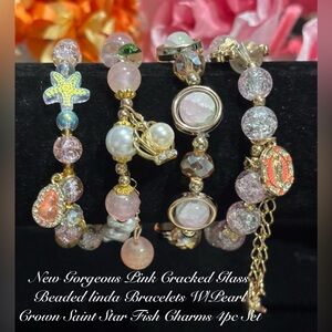 Pink Glass Beaded Linda Bracelets W/Starfish Pearl Charm & Saint Charms 4pc
